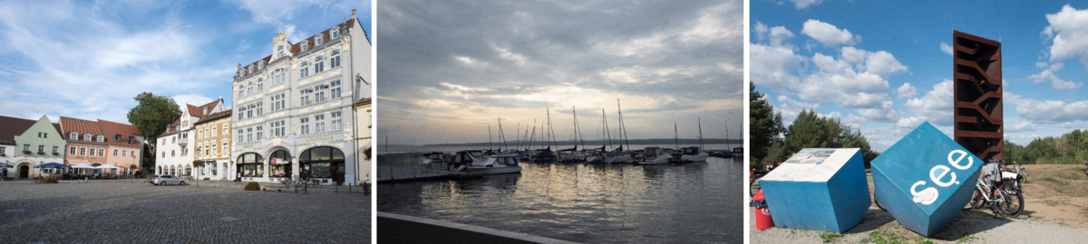 Drei zusammengesetzte Bilder zu touristischen Attraktionen in und um Senftenberg, links der Marktplatz in Senftenberg, mittig der Hafen in Senftenberg am Senftenberger See bei Sonnenuntergang, rechts Lausitzer Seenland IBA Terasse in Großräschen