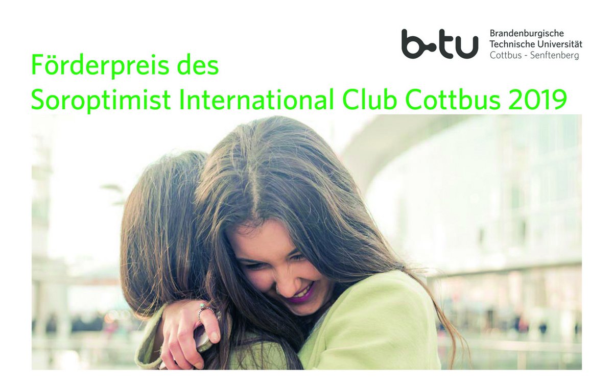 Zwei Frauen umarmen sich vor einem Gebäude, Synonym, Ausschnitt aus dem Plakat, Förderpreis 2019, Soroptimist International Club Cottbus, 