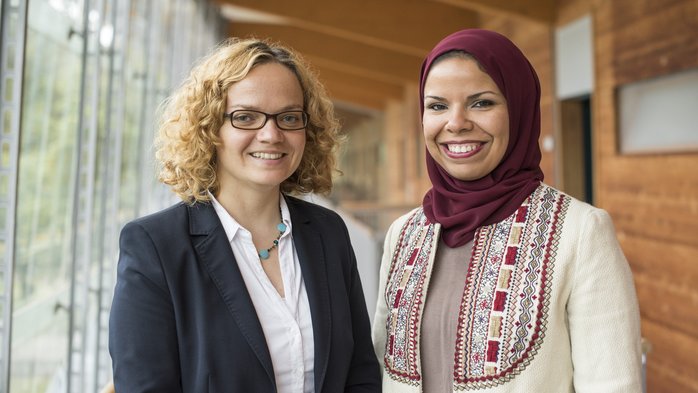 Kathrin Bott, Manager of the Welcome Centre (left)