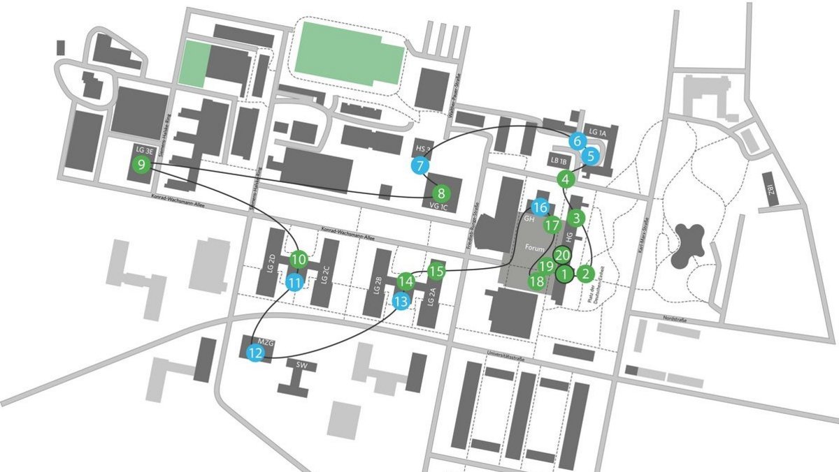 Campuskarte mit einzelnen Stationen der Kunst und Campus Tour