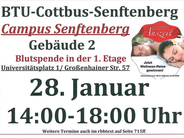 Plakat mit Informationen zur DRK-Blutspendeaktion an der BTU in Senftenberg.