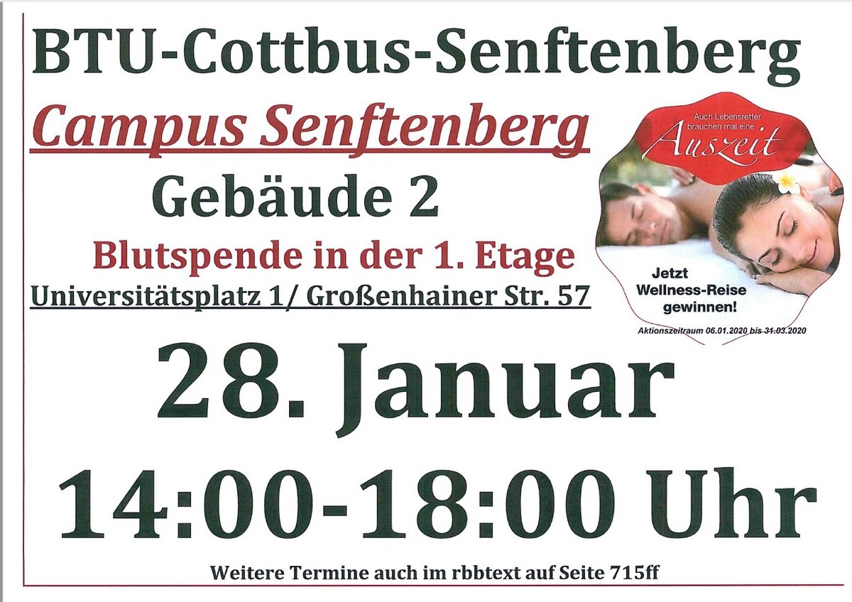 Plakat mit Informationen zur DRK-Blutspendeaktion an der BTU in Senftenberg.