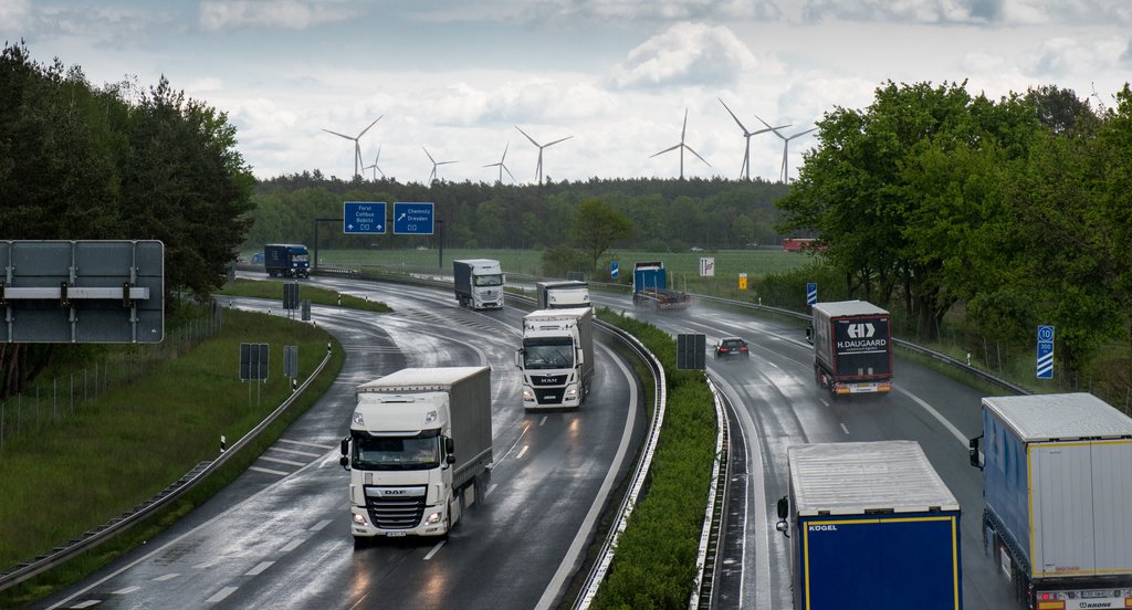 Passenger and Goods Traffic on a Highway Near Cottbus, Germany