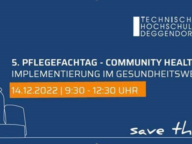 Das Bild zeit skiziiert einen Rollstuhl, der von einer Fachkraft geschoben wird und den Schriftzug zum 5. Pflegefachtag - Community Health Nursing