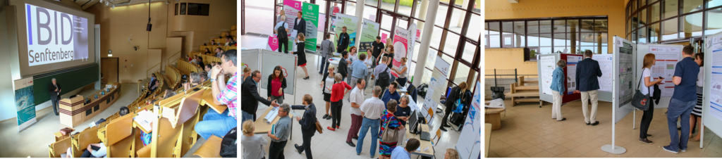 Besucher der International Biotech Innovation Days 2018, Impressionen der vergangenen IBID, Zusammengesetztes Bild aus Hörsaal, Foyer und Personen bei der Posterpräsentation