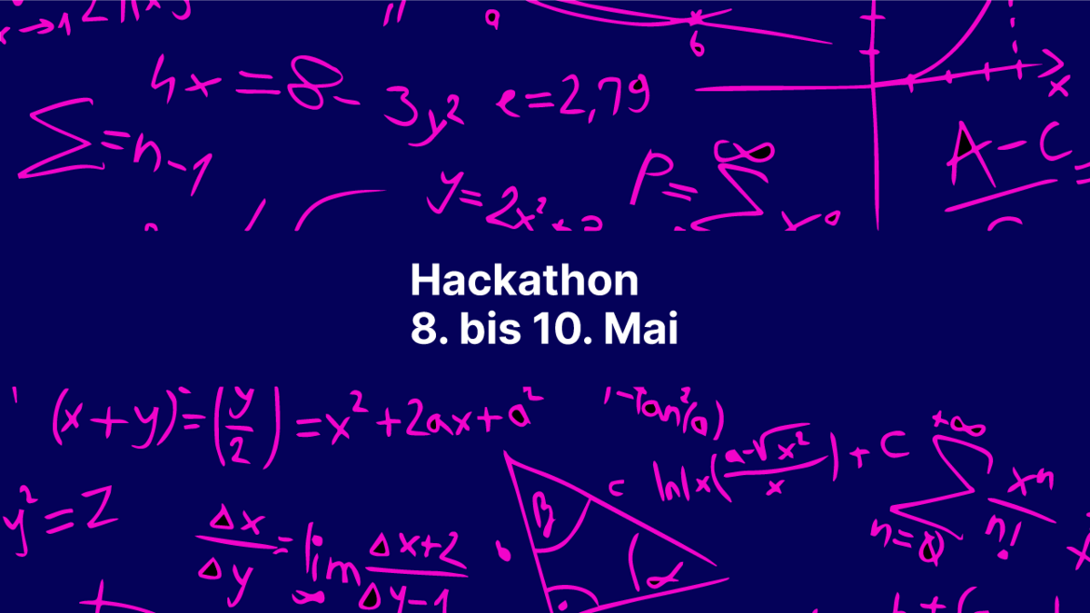 Plakat zum Hackathon mit Formeln auf blauem Grund