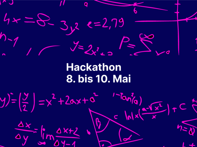 Plakat zum Hackathon mit Formeln auf blauem Grund