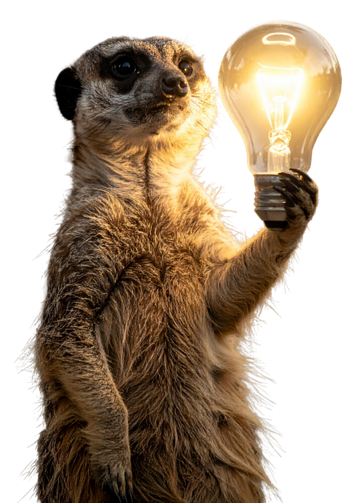 Erdmännchen hält eine Glühbürne