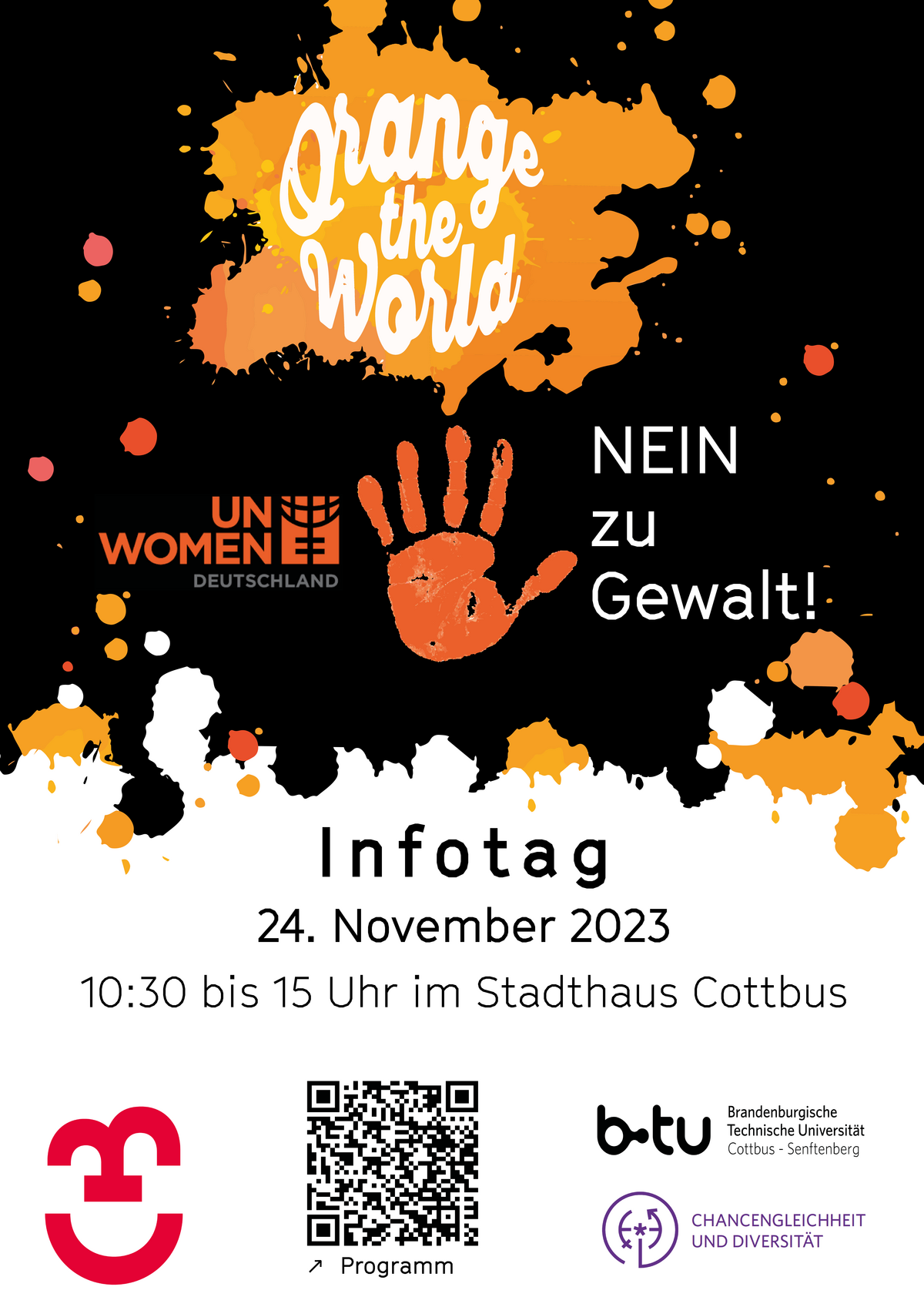 Plakat zum Infotag mit QR Code zum Programm.