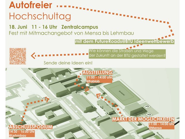 Plakat + Ablauf für den Autofreien Hochschultag 2024 an der BTU Cottbus-Senftenberg. Copyright: BTU, Fachgebiet Infrastruktur- und Mobilitätsplanung