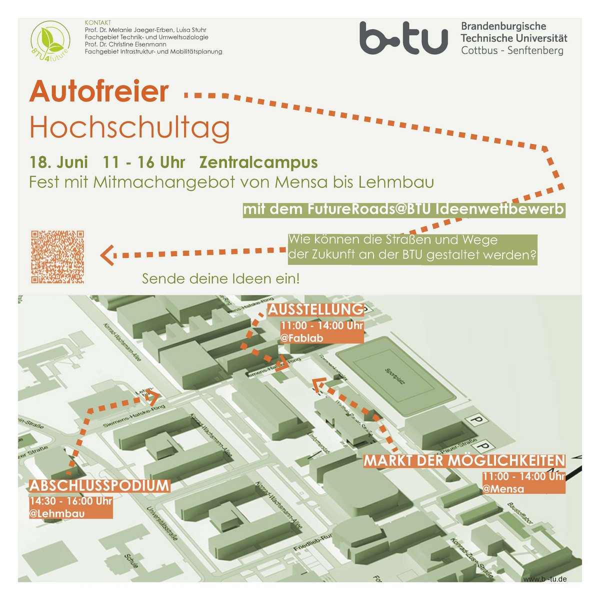 Plakat + Ablauf für den Autofreien Hochschultag 2024 an der BTU Cottbus-Senftenberg. Copyright: BTU, Fachgebiet Infrastruktur- und Mobilitätsplanung