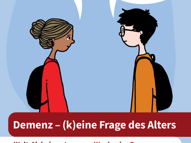 Das Plakat zeigt zwei Personen, die sich unterhalten. In der Sprechblase steht der Satz "Hat deine Oma Demenz?". Die andere Person antwortete: " Nein, aber mein Papa..."