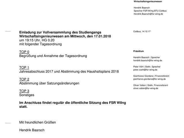 Einladungsschreiben für die Vollversammlung der Wirtschaftsingenieure