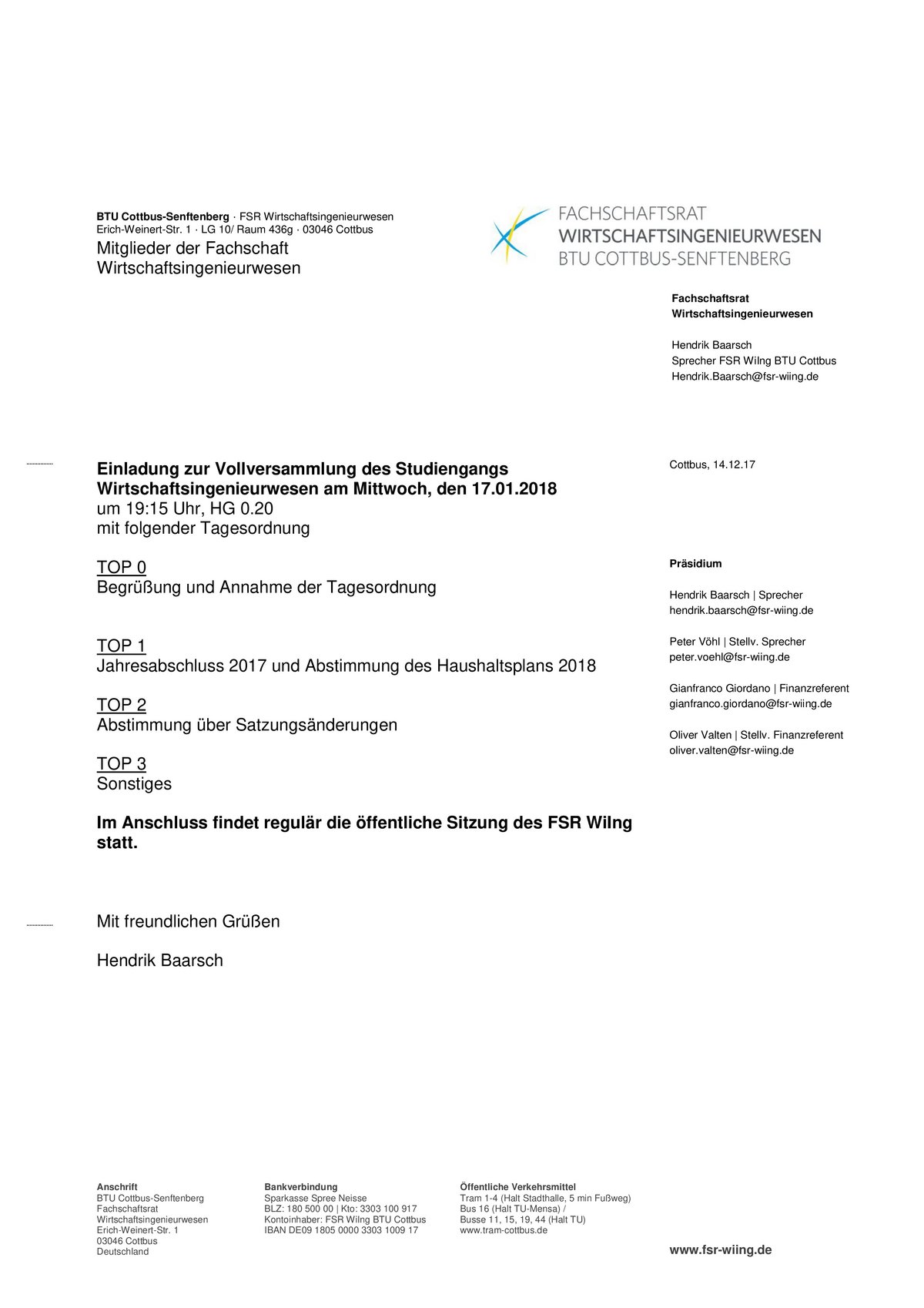 Einladungsschreiben für die Vollversammlung der Wirtschaftsingenieure