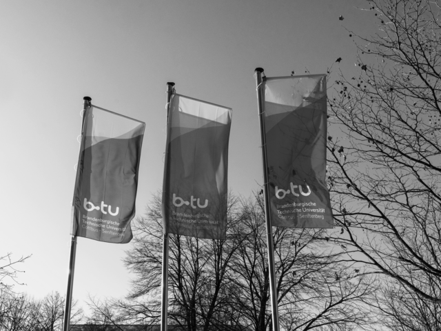 Flags in front of the main building black and white
