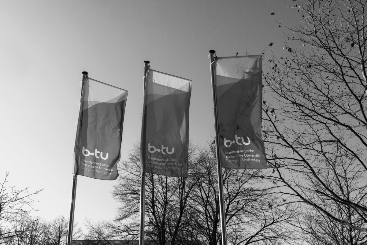 Flags in front of the main building black and white