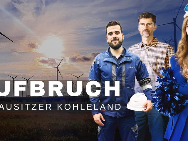 Cover picture for the MDR documentation "Behind the Abyss - Awakening in Lusatia" - a woman and two men in front of wind turbines.