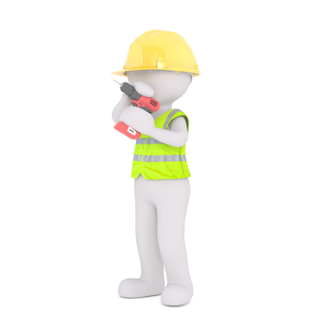 Bauarbeiterfigur mit Bohrmaschine im Arm