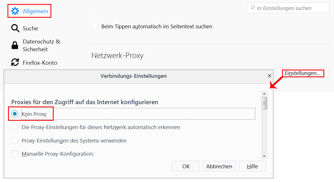 Firefox: proxy settings
