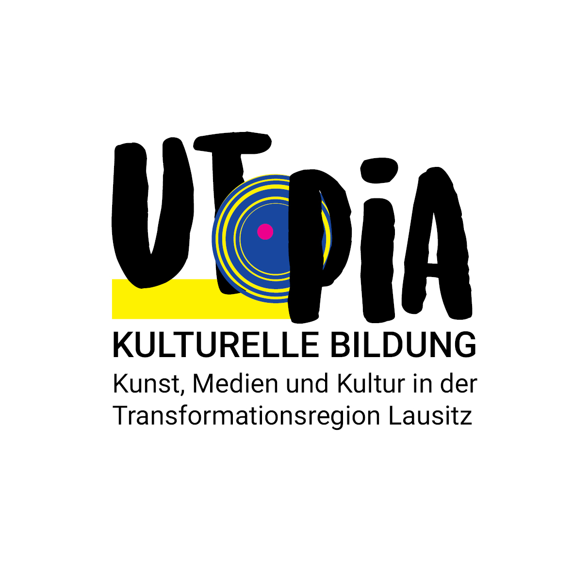 Auf dem Bild steht der Schriftzug "UTOPIA" mit einem blauen Kreis zwischen "T" und "P" und Kulturelle Bildung