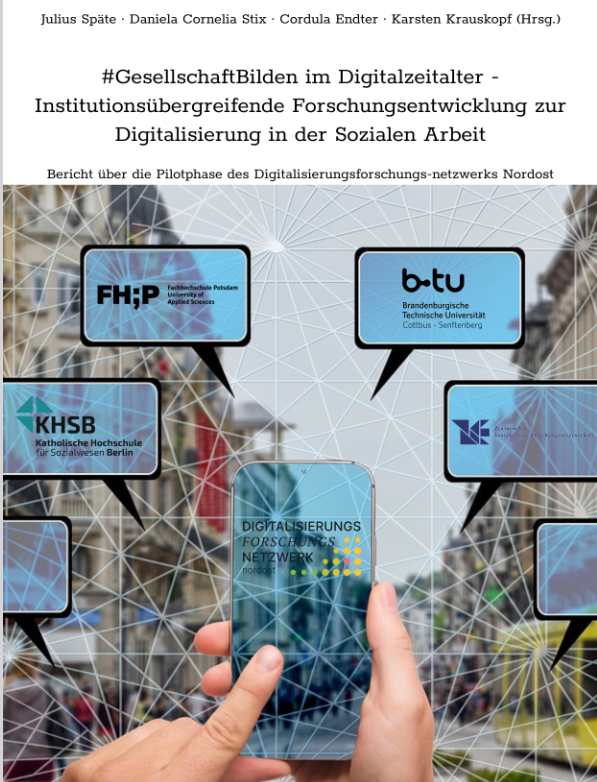 Das Foto zeigt den Buchtietel in blau gehalten. In Sprechblasen stehen die Namen der beteiligten Institutionen.