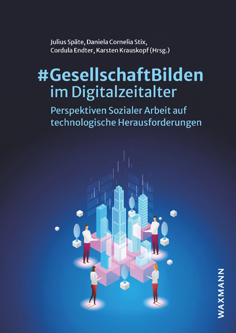 Das Foto zeigt das Buchcover. Dunkelblauer Hintergrund mit Figuren und Wolkenkratzern im tetres-Style.