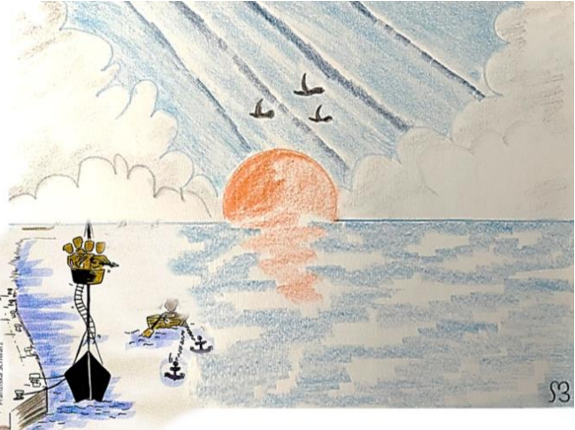 Das Bild ist gezeichnet und zeigt das Meer mit einem Sonnenaufgang. Am Kai legt ein Segelschiff an mit 4 Personen im Ausguck.
