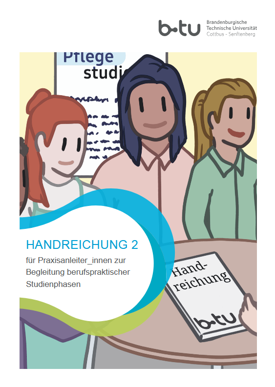 Das Cover zeigt drei Personen an einem Tisch, die eine Handreichung (Broschüre) überreicht bekommen.