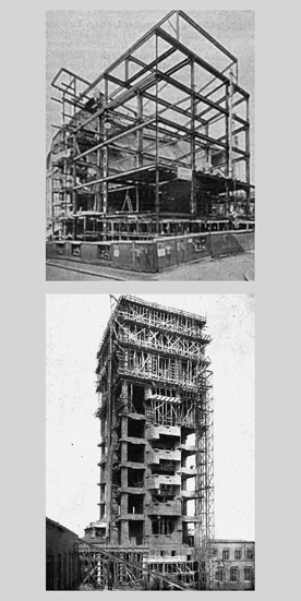 Blick auf zwei Geschäftsbauten der 1920er Jahre im Rohbau. Oben Stahlskelettkonstruktion der Offenbacher Firma Michael Lavis Söhne, für ein Geschäftshaus in Hanau. Unten das vom Ingenieur Heinrich Becher konzipierte Stahlbetontragwerk des Turms des Ullstein-Hauses in Berlin-Tempelhof.