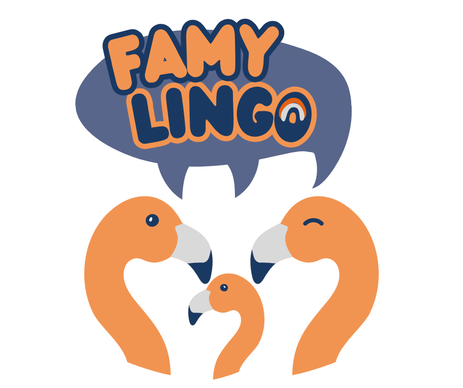 ein Logo für das Projekt Famylingo. Es zeigt eine Familie Flamingos und den Schriftzug Famylingo mit Regenbogen