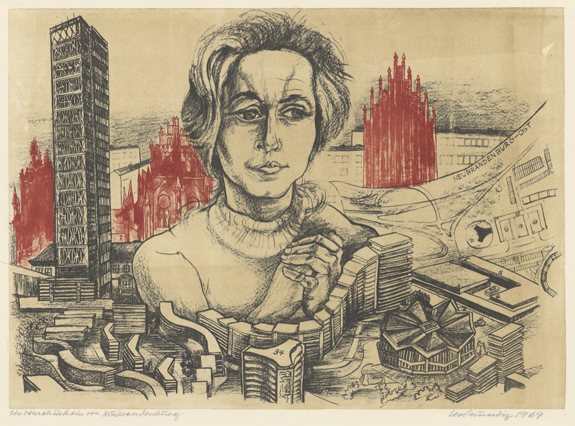 Grafik »Stadtarchitektin von Neubrandenburg« von Lea Grundig, 1969, zeigt den Kopf und Oberkörper einer Frau inmitten von Gebäuden.