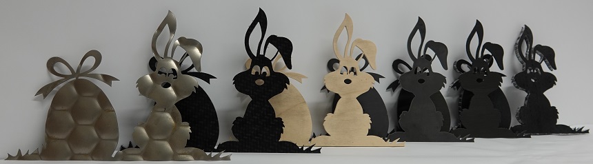 Easter bunnies cut from different materials using the water jet cutting machine