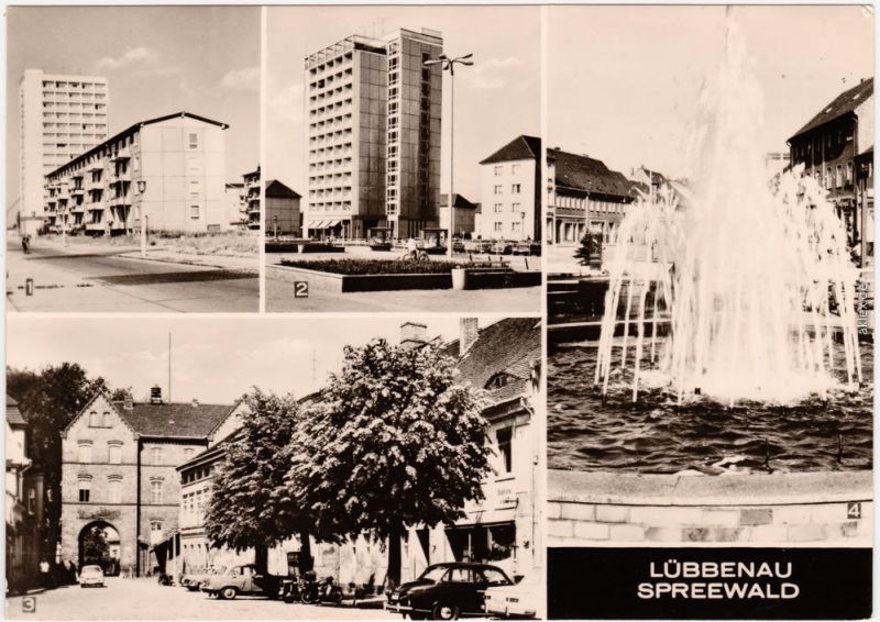 alte Postkarte der Stadt Lübbenau mit versch. Fotografien