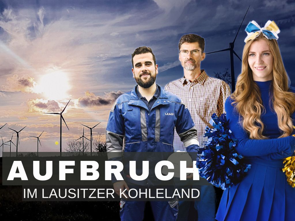 Titelbild zur MDR-Dokumentation „Hinter dem Abgrund – Aufbruch in der Lausitz“ - eine Frau und zwei Männer vor Windrädern.