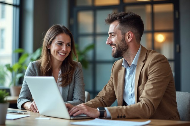 A woman and a man, sitting in front of a laptop, in conversation.