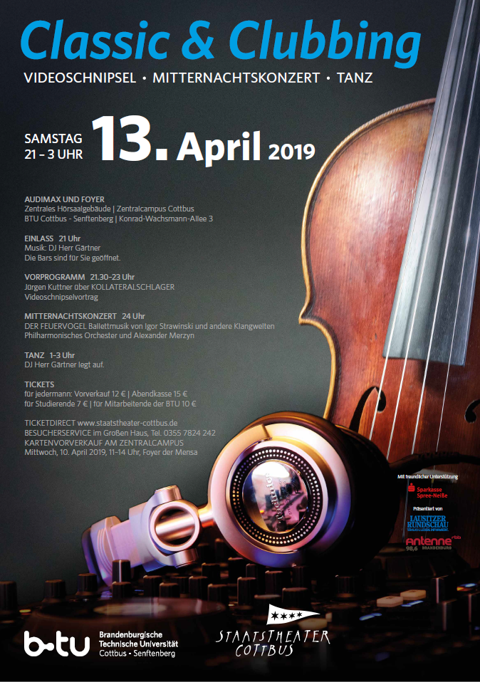 Plakat Classic & Clubbing 2019 mit DJ-Mixer, Kopfhörer und Geige