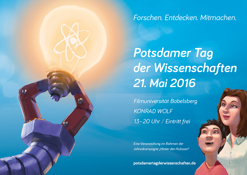 Zentrales Motiv zum Potsdamer Tag der Wissenschaften, 21. Mai 2016, 13 bis 20 Uhr, Filmuniversität Babelsberg KONRAD WOLF.