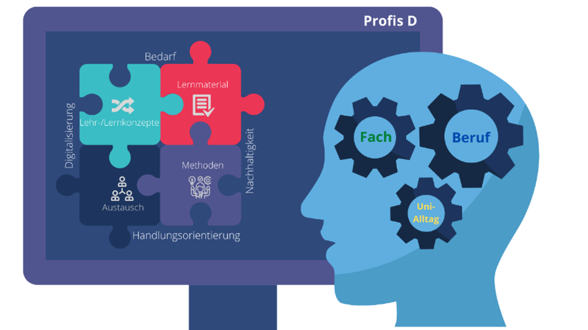 Aktionsfelder und Ergebnisse von Profis D für Hochschullehrende und Studierende  Quelle: Darstellung durch BTU Cottbus-Senftenberg/ g.a.s.t mit Grafiken von Freepik und Flaticon