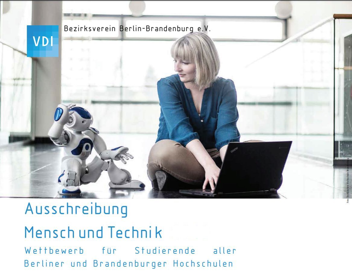 Poster zum VDI-Wettbewerb Mensch und Technik, das eine am Laptop arbeitende junge Frau neben einem kleinen Roboter zeigt.