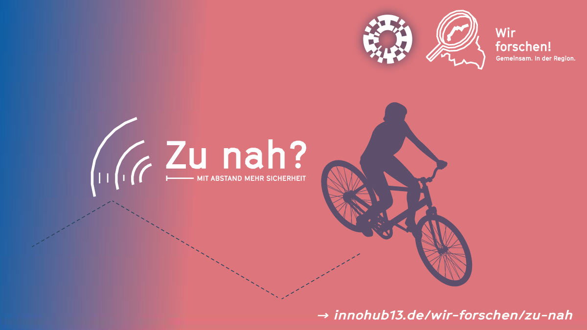 Visual mit der Aufschrift "Zu nah? Mit Abstand mehr Sicherheit" zeigt einen Radfahrer.