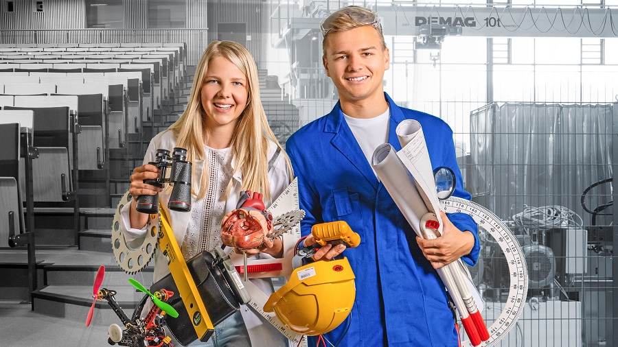 A young woman in a white lab coat and a young man in a blue coat symbolize the link between theory and practice.  