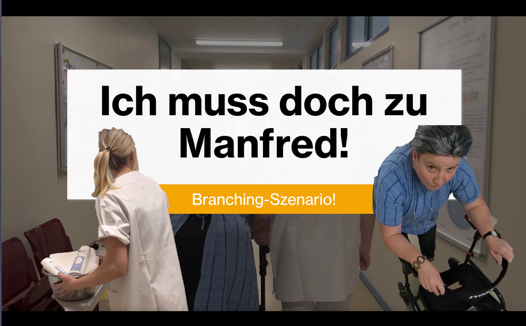 Das Foto zeigt den Screenshot Branching-Szenario "Pflege" .  Zu sehen sid ein Pflegkraft und eine Bewohnerin im Pflegeheim im Rollator. 