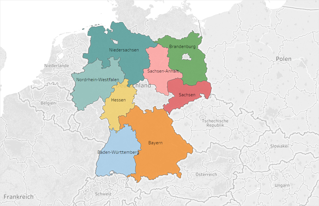 Auf der Karte sieht man die Bundesländer, in welchen Alumi des Studiengangs Bachelor Maschinenbau gezogen sind. Die Statistik erstreckt sich über eine Dauer von 10 Jahren.