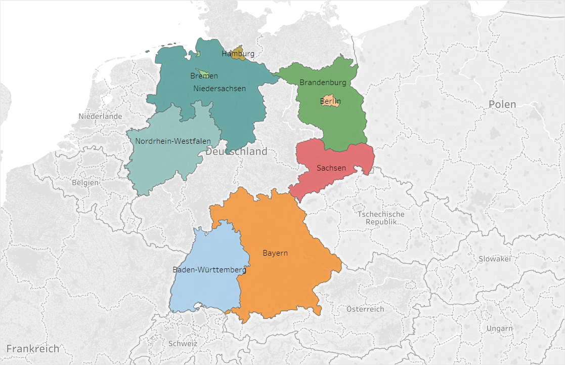 Auf der Karte Sieht man die Bundesländer, in welchen Alumi des Studiengangs Master Maschinenbau gezogen sind. Die Statistik erstreckt sich über eine Dauer von 10 Jahren.