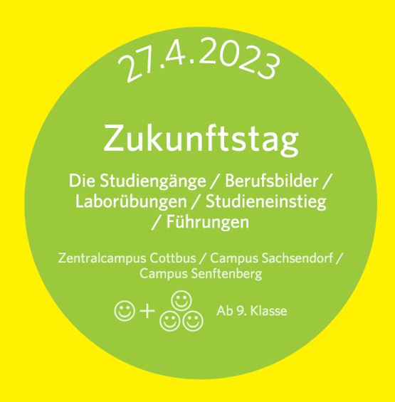 Das Bild zeigt einen grünen Krei mit weißer Schrift. Zukunftstag 2023 steht drauf.
