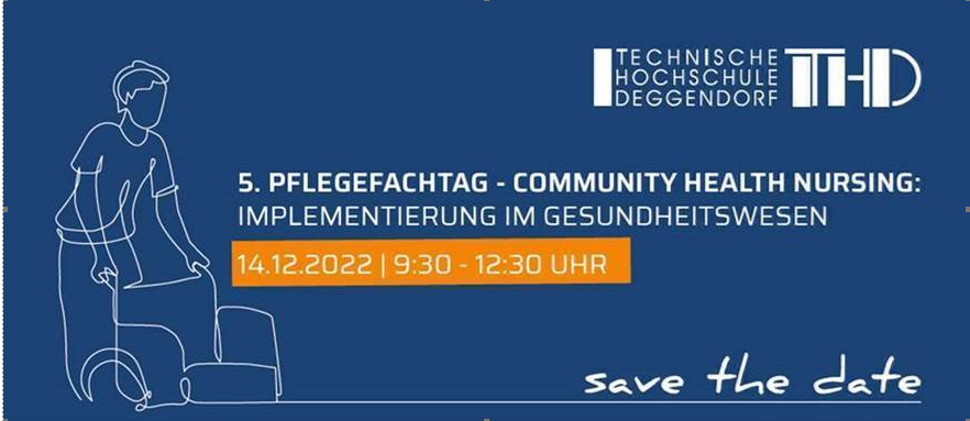 Das Bild zeit skiziiert einen Rollstuhl, der von einer Fachkraft geschoben wird und den Schriftzug zum 5. Pflegefachtag - Community Health Nursing