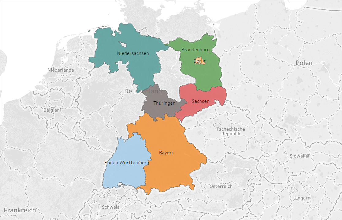 Auf der Karte sieht man die Bundesländer, in welchen Alumi des Studiengangs Bachelor Elektrotechnik gezogen sind. Die Statistik erstreckt sich über eine Dauer von 10 Jahren.