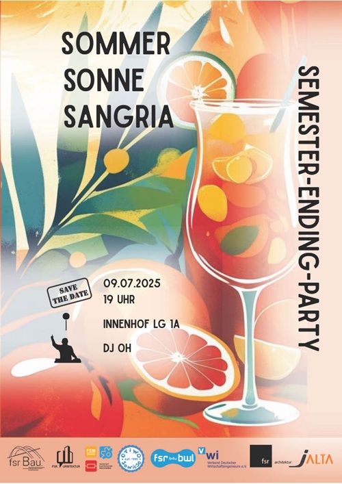 Flyer mit Bild von einem Cocktail und Orangen von der Semester-Ending-Party "Sommer, Sonne, Sangria"