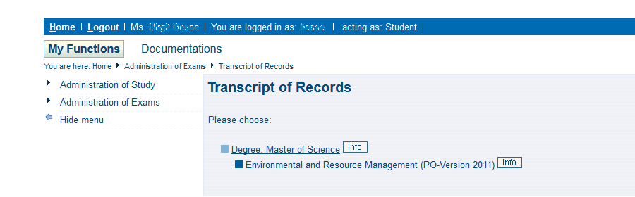 For students in reseach-oriented degree programmes is a transcript fo records in German and English via the online-portal available.