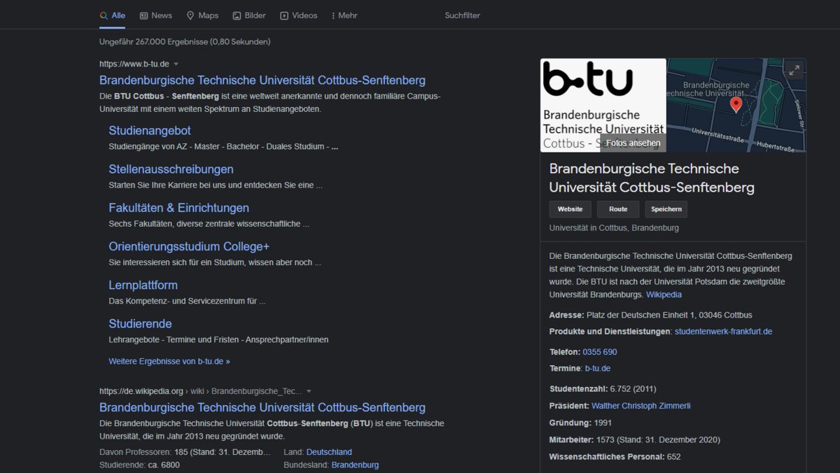 Google Suchergebnis "BTU Cottbus Senftenberg"